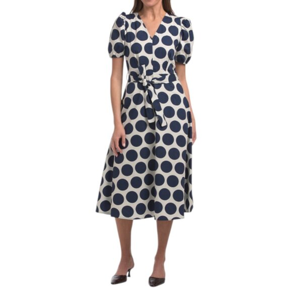 LUNA ALLEGRA Navy/Ecru Puff Sleeve Belted Dot Print Midi Dress - Picture 1 of 3